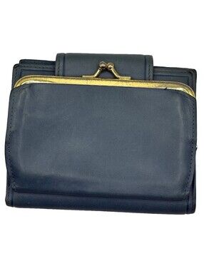 Vintage Buxton Navy Blue Genuine Leather Trifold Wallet Kiss Lock Coin Purse